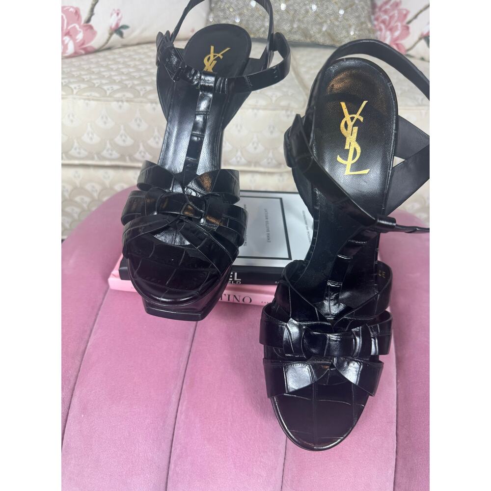 Saint Laurent YSL Midnight Glam Croc-Embossed Patent Tribute Heels EU 41